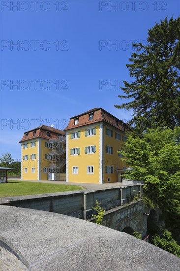 Grafeneck Castle, former hunting lodge of the Dukes of Württemberg around 1560, later summer residence of Duke Carl Eugen von Württemberg, Grafeneck killing centre during the Third Reich, today home for the disabled run by the Samaritan Foundation and memorial site, documentation centre, historical building, architecture, external fire escape, fire safety regulations, Gomadingen-Grafeneck, Swabian Alb, Baden-Württemberg, Germany, Europe