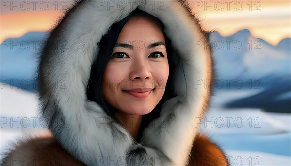 Portrait, a young Inuit woman, also Eskimo, in warm fur clothing in a snowy landscape, AI generated