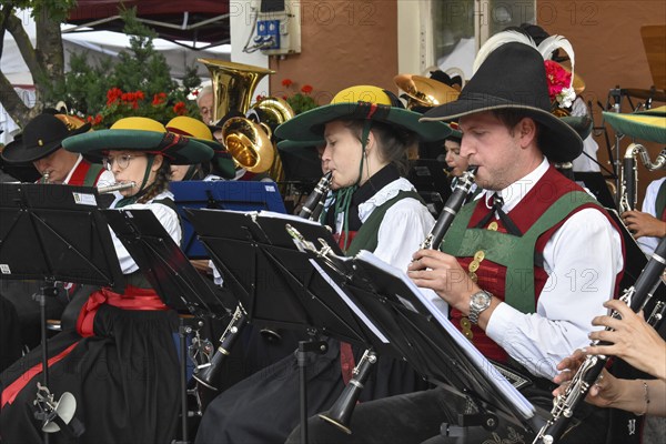 Clarinet players of the Civic Band of Sterzing in typical South Tyrolean traditional costume at a brass band concert in Sterzing, South Tyrol, Italy, Europe