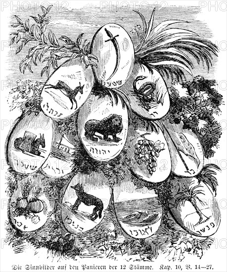 The allegories on the breading of the 12 tribes, Sinai, Issachar, Zebulun, Merari, animals, lion, snake, donkey, deer, sabre, fruits, grapes, Old Testament, Genesis, Fourth Book of Moses, Chapter 10, Verse 14-27, historical illustration c. 1850