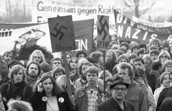 The party congress of the National Democratic Party of Germany (NPD) triggered protests against neo-Nazism, fascism and war on 08.12.1979 in Ketsch, Germany, Europe