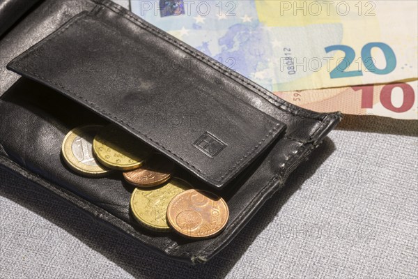 Wallet with coins and notes, euro, Germany, Europe