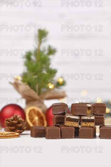 German Christmas candy called 'Dominosteine' consisting of gingerbread, jelly and marzipan layers covered with chocolate icing