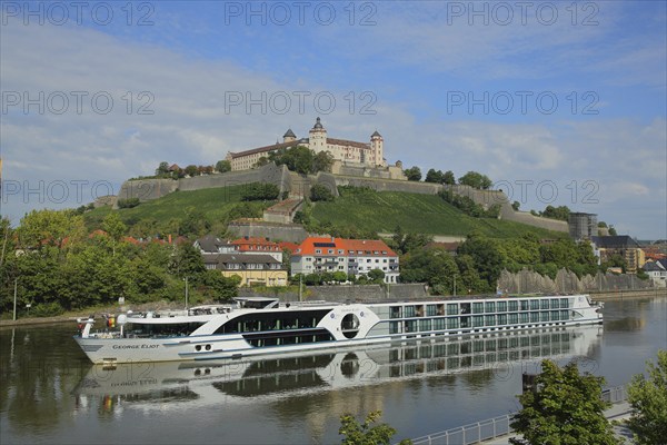 View of Marienberg Fortress with Castle Hill and Passenger Ship in the Main River, Würzburg, Lower Franconia, Franconia, Bavaria, Germany, Europe