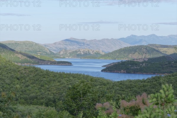 Lake Koman, a reservoir on the Drin River, in the Albanian Alps in northern Albania. Koman, Qark Shkodra, Albania, Southeast Europe, Europe