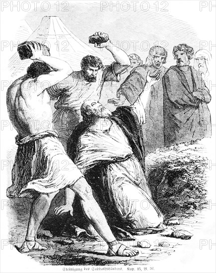 Stoning of the Sabbath desecrator, stoning, punishment, men, group, kneel, die, God, Moses, day of rest, rest, sin, Old Testament, Genesis, Fourth Book of Moses, chapter15, verse 36, historical illustration c. 1850