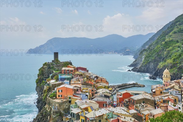 Vernazza village popular tourist destination in Cinque Terre National Park a UNESCO World Heritage Site, Liguria, Italy on sunset view from south