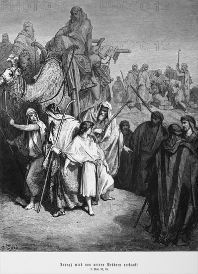 Bible, Joseph is sold by his brothers. Genesis 1, 37, 25, Moses, Old Testament, Genesis, brother, crowd, camels, young, men, woman, historical illustration 1885