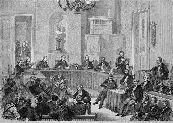 The Arnim trial in the meeting room of the Stadtvogtei in Berlin, Germany, Harry Karl Kurt Eduard Graf von Arnim-Suckow, 1824, 1881, a Prussian diplomat, Historical, digitally restored reproduction from a 19th century original, Record date not stated, Europe