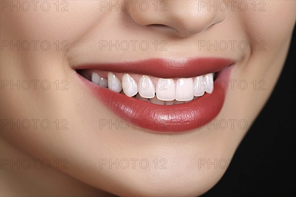 Clos eup of smiling woman's lips with red lipstick and white teeth. KI generiert, generiert AI generated