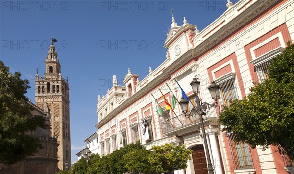 La Giralda tower of the cathedral originally built as a Moorish minaret in the twelfth century, Seville, Spain, Europe