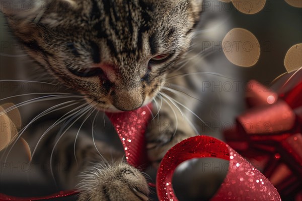 Cat playing with red Christmas gift wrapping ribbon. Generative Ai, AI generated