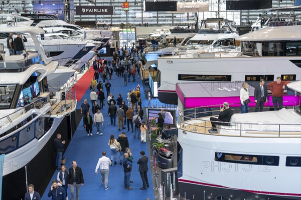 Large yachts, luxury yachts, in Hall 6 of BOOT 2024, the world's largest yacht and water sports trade fair in Düsseldorf, North Rhine-Westphalia, Germany, Europe