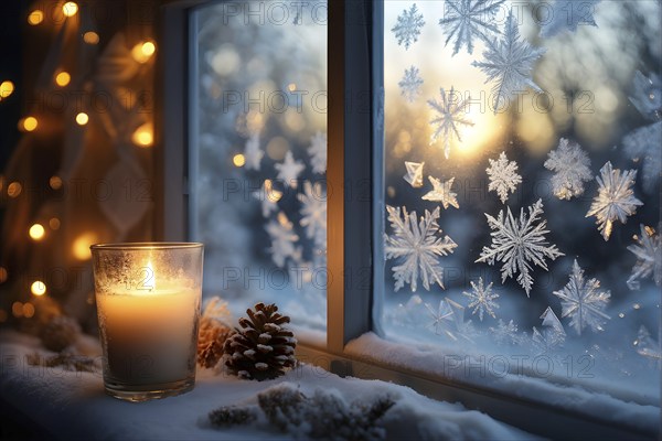 Snow-covered window with frost patterns, candlelight softly glowing through the glass, and warm, blurry Christmas lights in the background, AI generated