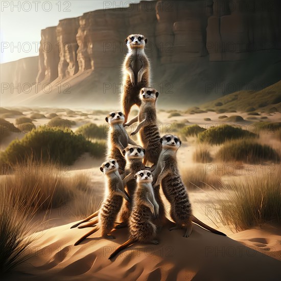 A group of meerkats forms a pyramid, AI generated, AI generated