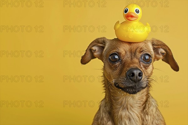 Funny brown dog with rubber duck on head in front of yellow studio background with copy space. KI generiert, generiert, AI generated