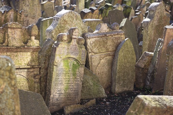 The Old Jewish Cemetery in the Josefov district is one of the most historically significant Jewish cemeteries in Europe. It contains over 12, 000 gravestones and presumably the remains of 100, 000 people, Prague, Czech Republic, Europe