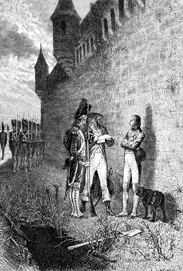 Shooting of the Bourbon Duke of Enghien 1804 at the Château de Vincennes, castle, fortress, Île-de-France region, Napoleon, soldiers, guns, reading charge, ditch, dog, wall, military, France, historical illustration 1882, Europe