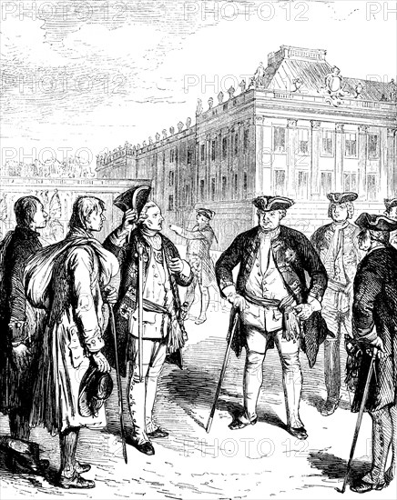 Long fellows arriving in Berlin are presented to King Frederick William I, palace, Prussian history, Germany, historical illustration 1882, Europe