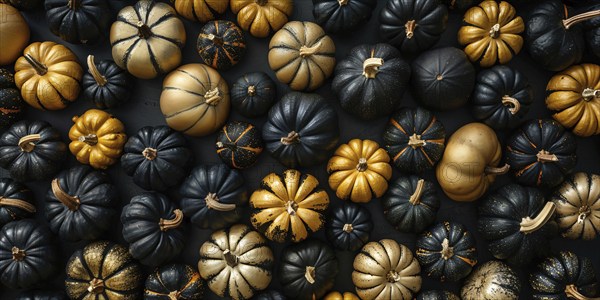 Banner with golden and black painted pumpkins. Generative Ai, AI generated