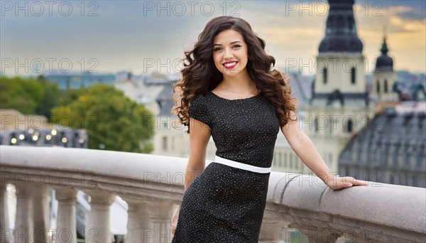 A woman in an elegant dress stands on a balcony with an urban backdrop in the evening light, AI generated, AI generated