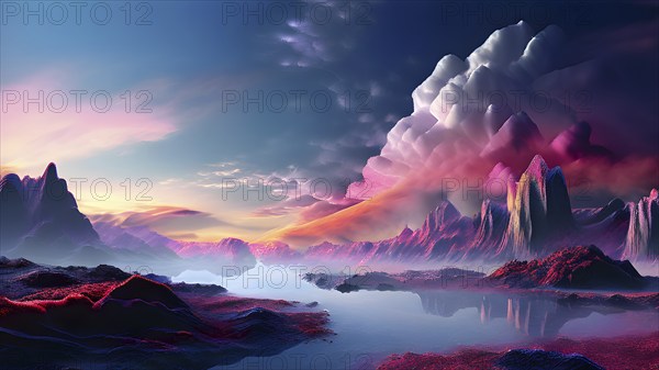 AI generated painting of a surreal landscape with mountains and a lake with digital brush strokes intertwining with watercolor