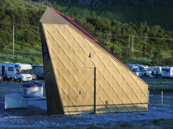 Golden restroom and lavatory at beach Ersfjordstranden, fjord Ersfjord, public recreation area, camping, mobile homes, island Senja, Troms, northern Norway, Norway, Europe