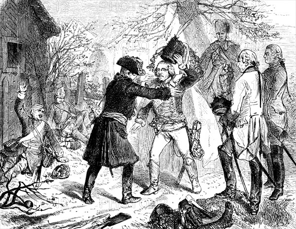 King Frederick II embraces the victorious Hans Joachim von Zieten, Prussian commander and cavalry general, after the Battle of Torgau 1760, soldiers, horsemen, sword, village, outdoors, Seven Years' War, Prussia, Germany, historical illustration 1882, Europe