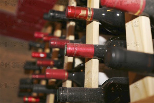 Wine cellar with red wine bottles