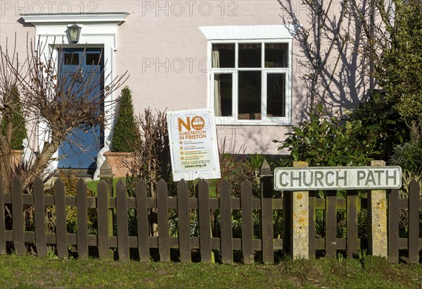 Protest campaign banner against Scottish Power and National Grid proposed electricity substation at Friston, Suffolk, England, UK