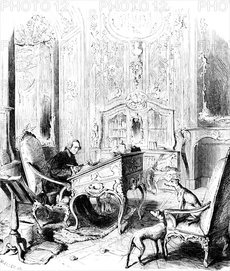 Study of King Frederick II the Great in Sanssouci Palace, Hohenzollern, study, desk, secretary, armchair, dogs, Potsdam, Prussia, Brandenburg, historical illustration 1882