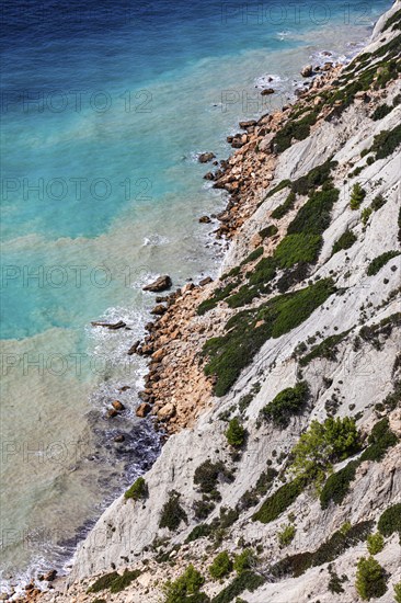 Steep coastline and turquoise-coloured water at Cap Blanc, Ibiza, Balearic Islands, Mediterranean, Spain, Europe