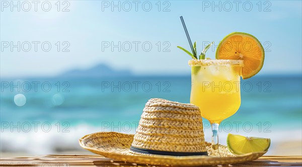 Straw hat and cocktail on a beach. A concept of relaxing caribbean vacation near the ocean, AI generated