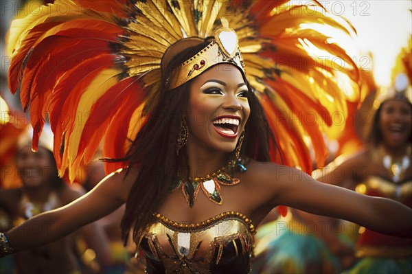 Captivating image capturing the essence of the Rio Carnival, showcasing a dancer adorned in an elaborate, vibrant costume, embodying the spirit and energy of this iconic festival, AI generated