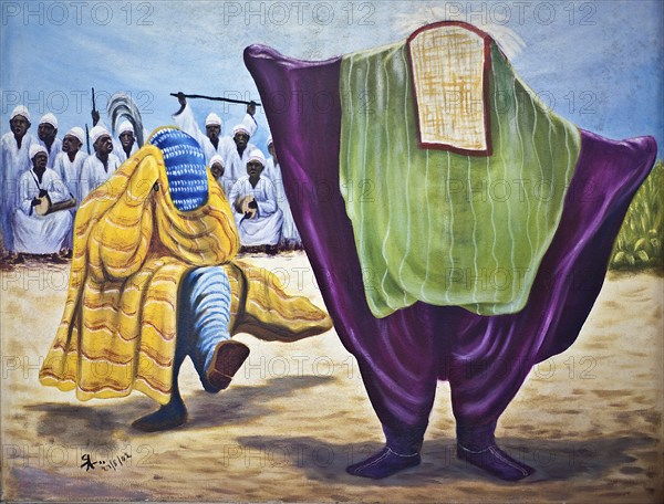 Painting depicting Agoogu, the Gambian version of the Egungun by the Yoruba (Nigeria, Benin, ...) . Agoogu is a masquerade for ancestors reverence or the ancestors themselves as a collective force. (National museum, Banjul, Gambia), Africa