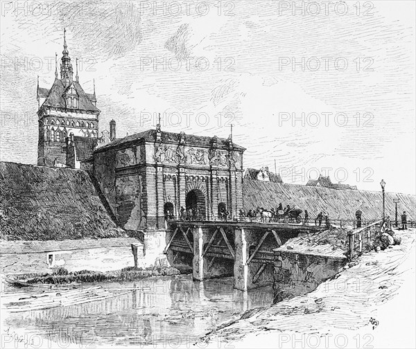 High gate with stock tower, city gate 16th century, Gdansk or Gdansk, Baltic Sea, Poland, wooden bridge, fortification, moat, hackney carriage, people, historical illustration 1880, Europe