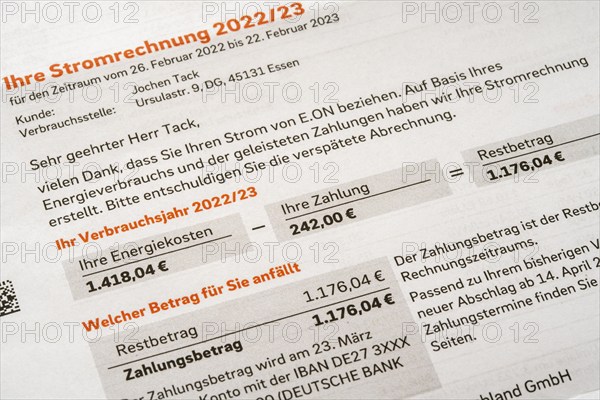 Symbolic image of electricity bill, billing of an electricity provider, additional payment due to increased energy costs and also consumption of electricity