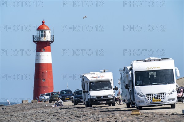 North Sea dyke near Westkapelle, Westkapelle Laag lighthouse, motorhome parking on the dyke, day caravan site, province of Zeeland, Walcheren peninsula, Netherlands