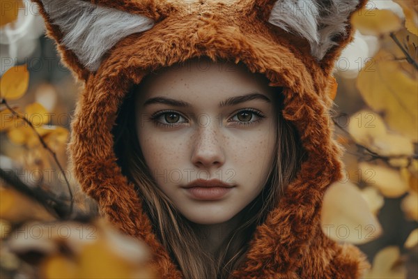 Pretty young woman wearing a fox sweater with ears in autumn forest. Generative Ai, AI generated