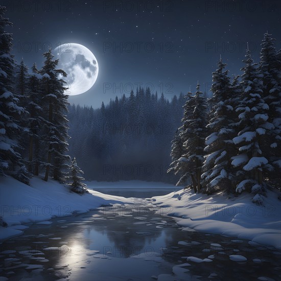 Tranquil winter night scene with a crescent moon and stars shining brightly over a frozen lake, with a line of snow-covered pine trees reflected in the lake, AI generated