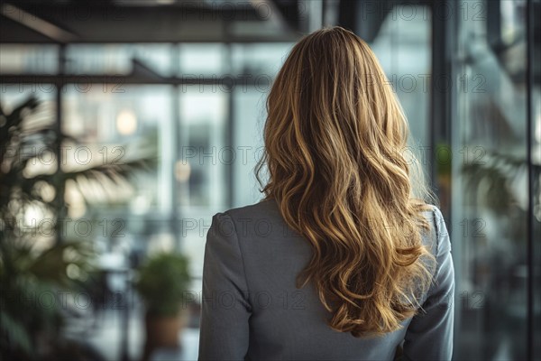 Back view of business woman in office. Generative Ai, AI generated