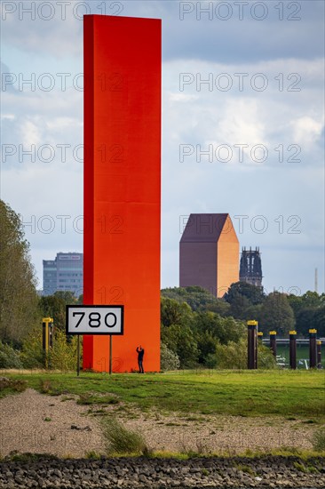 The sculpture Rhine Orange at the mouth of the Ruhr into the Rhine, skyline of the city centre of Duisburg, tower of the North Rhine-Westphalia State Archive, town hall tower and Salvator Church, North Rhine-Westphalia, Germany, Europe