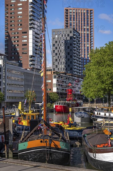 The Maritime Museum, outdoor area in the Leuvehaven, in Rotterdam, many old ships, boats, exhibits from the maritime sector, Netherlands