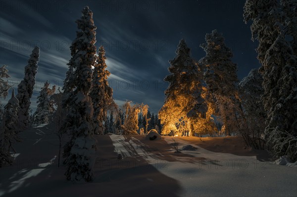 Man in the evening at a bivouac with campfire, Lapland, Sweden, Scandinavia, Europe