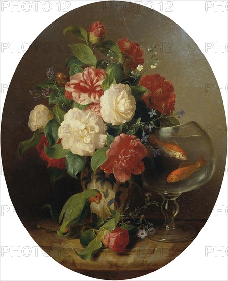 Bouquet of flowers with goldfish bowl, painting by Josef Lauer (1818, 1881), Austrian still life painter who was active in the Biedermeier period, among others