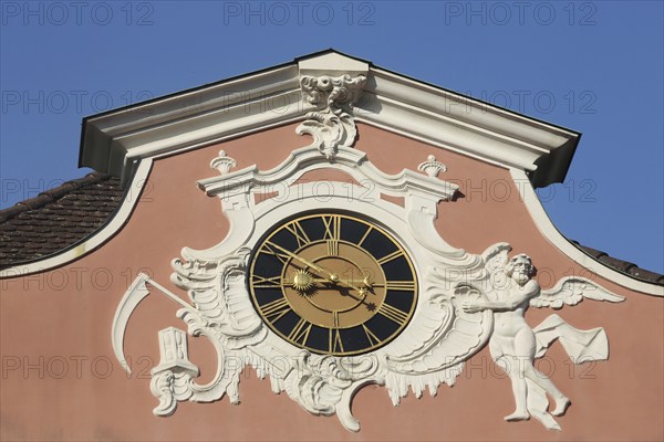 Gable with clock, relief, figures, detail, decoration, roof, angel, baroque, rococo, new castle, castle square, Meersburg, Obersee, Lake Constance, Lake Constance area, Baden-Württemberg, Germany, Europe