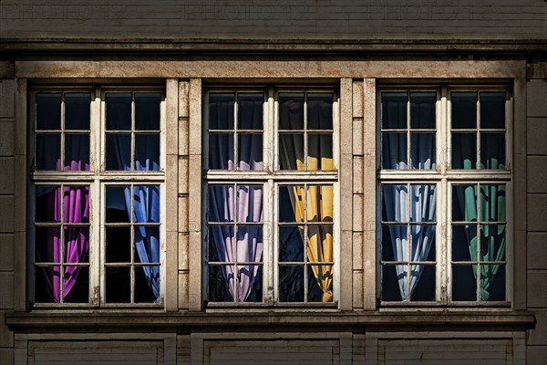 Window with curtains in primary colours, colour design, printing colours, colour, colourful, curtain, facade, window facade, mullioned window, colour circle, colour scheme, different, living, house, apartment building, graphic, texture, design, decoration, fabric, fabrics, textiles, Bruges, Belgium, Europe