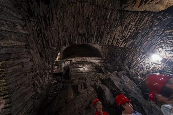 Wheel room of the Unverhofft Segen Gottes Erbstolln in Oberschöna, where there is a 13 metre high and 2.5 metre wide vault, in which a water wheel was operated in the 18th century, which kept the pumps running at a depth of 70 metres, 19th Day of the Mining and Metallurgy Exhibition in the District of Central Saxony, Oberschöna, Saxony, Germany, Europe