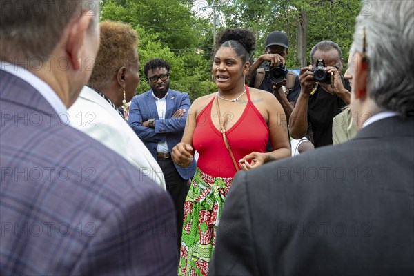 Detroit, Michigan, President Biden's American Rescue Plan announced a second round of funding for down payment assistance for low- and moderate-income Detroit homebuyers. At an event annoucing the funding, Satin Adams, who was able to get downpayment assistance in the first round, spoke to Detroit City Council member Mary Waters