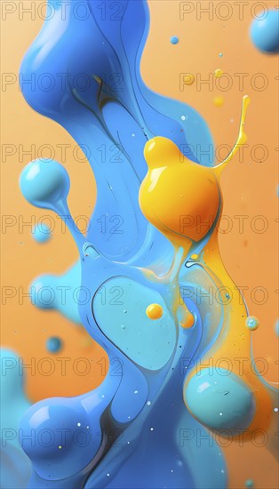 Abstract wallpaper with colorful turquoise and yellow blobs and liquid shapes on a orange background, AI generated